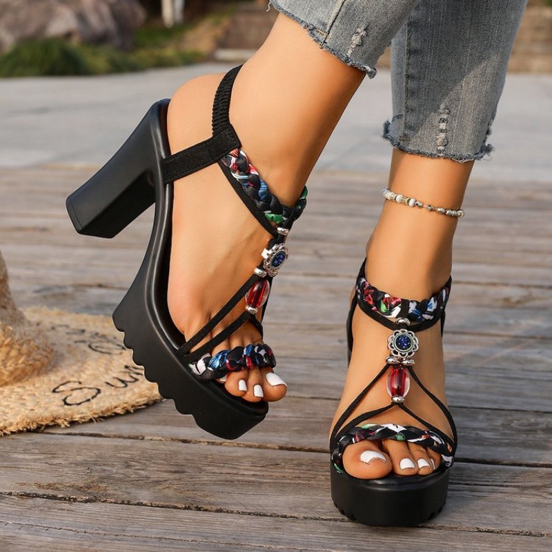 New Ethnic Fashion - Sandalias de Tacón Grueso Estilo Étnico